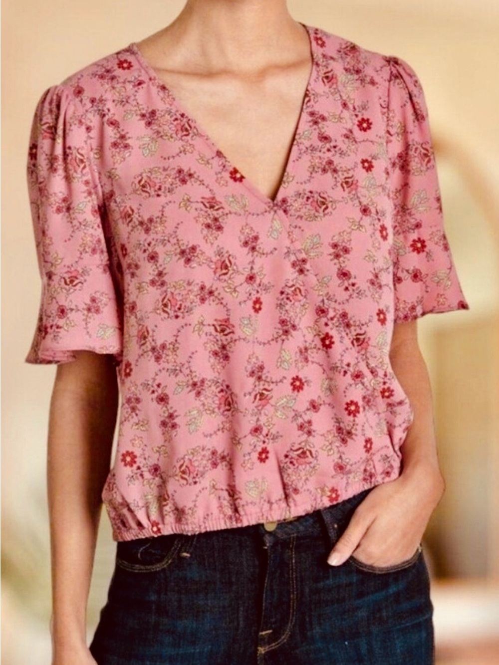 NWT Sanctuary Women’s Pink Floral Short-Flutter Sleeve Wrap Style Blouse XL